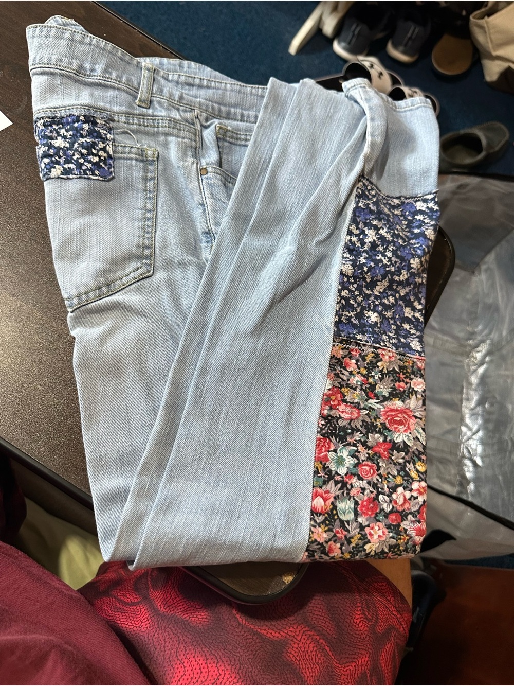sahalie Light Blue Straight Leg Jeans with Floral Patch Panels